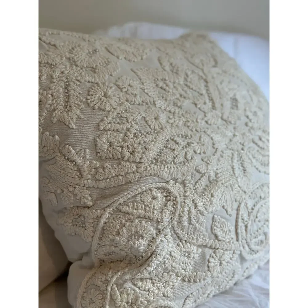 Boho Embroidered Throw Pillow 20x20 Cream Off White Beaded Tassels Decorative